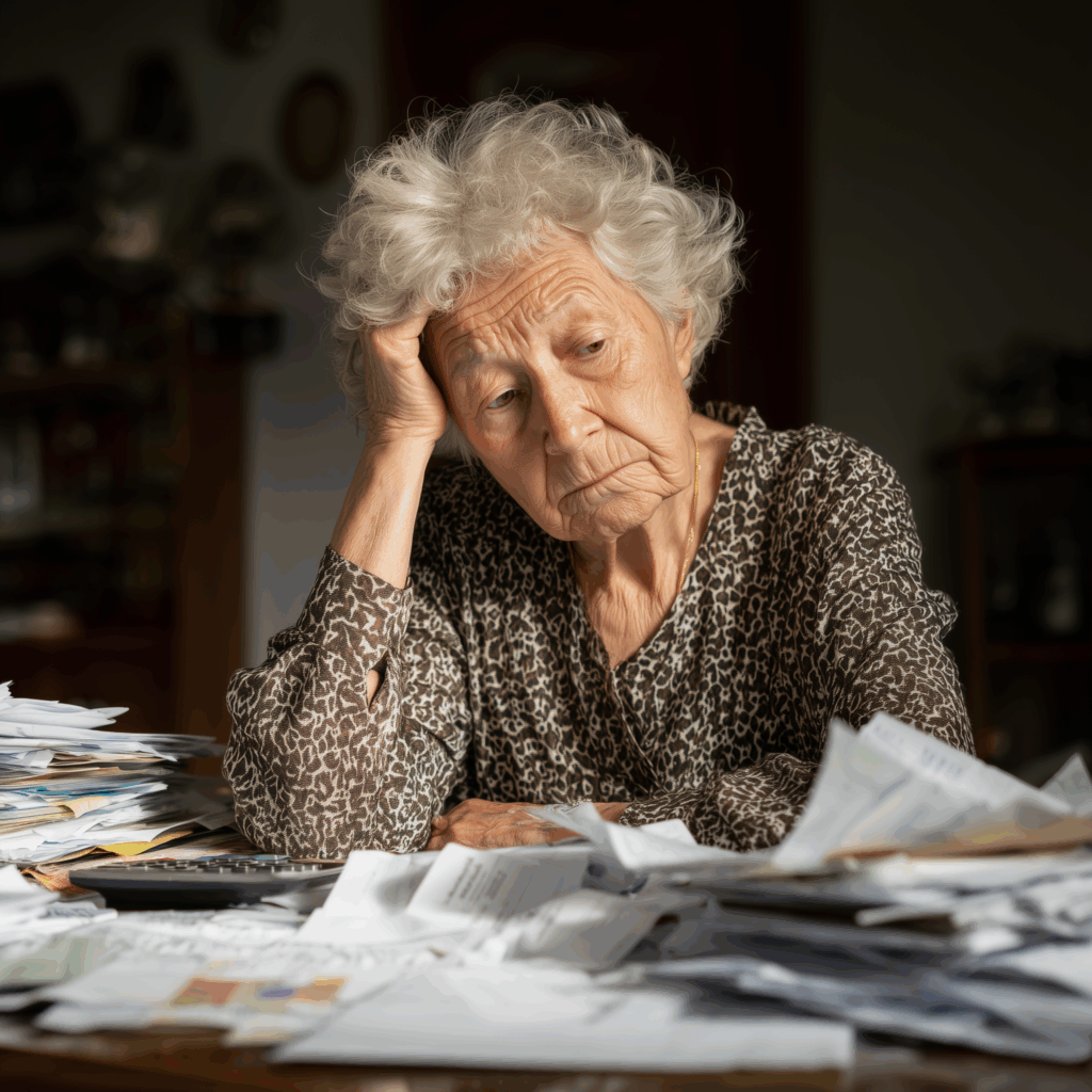 elderly woman struggles to deal with the paperwork associated with the probate process.